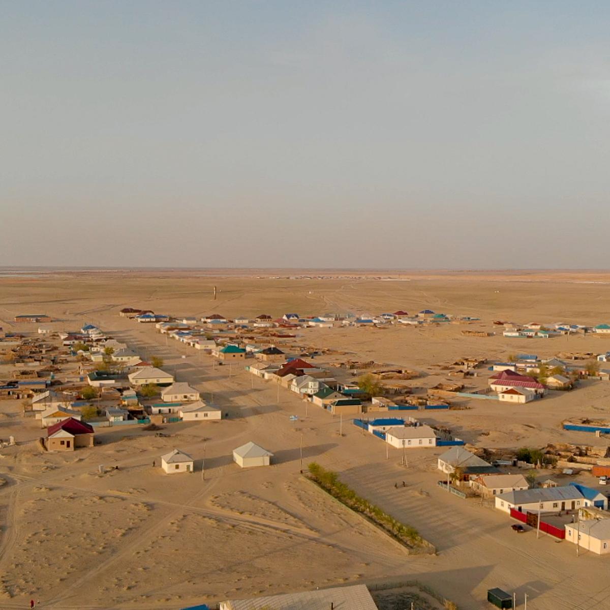 A village near the Aral Sea showing surrounding dry land and houses.