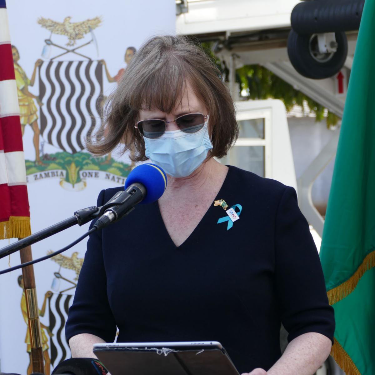 USAID/Zambia Mission Director delivers remarks during the COVAX J&J vaccine arrival event.