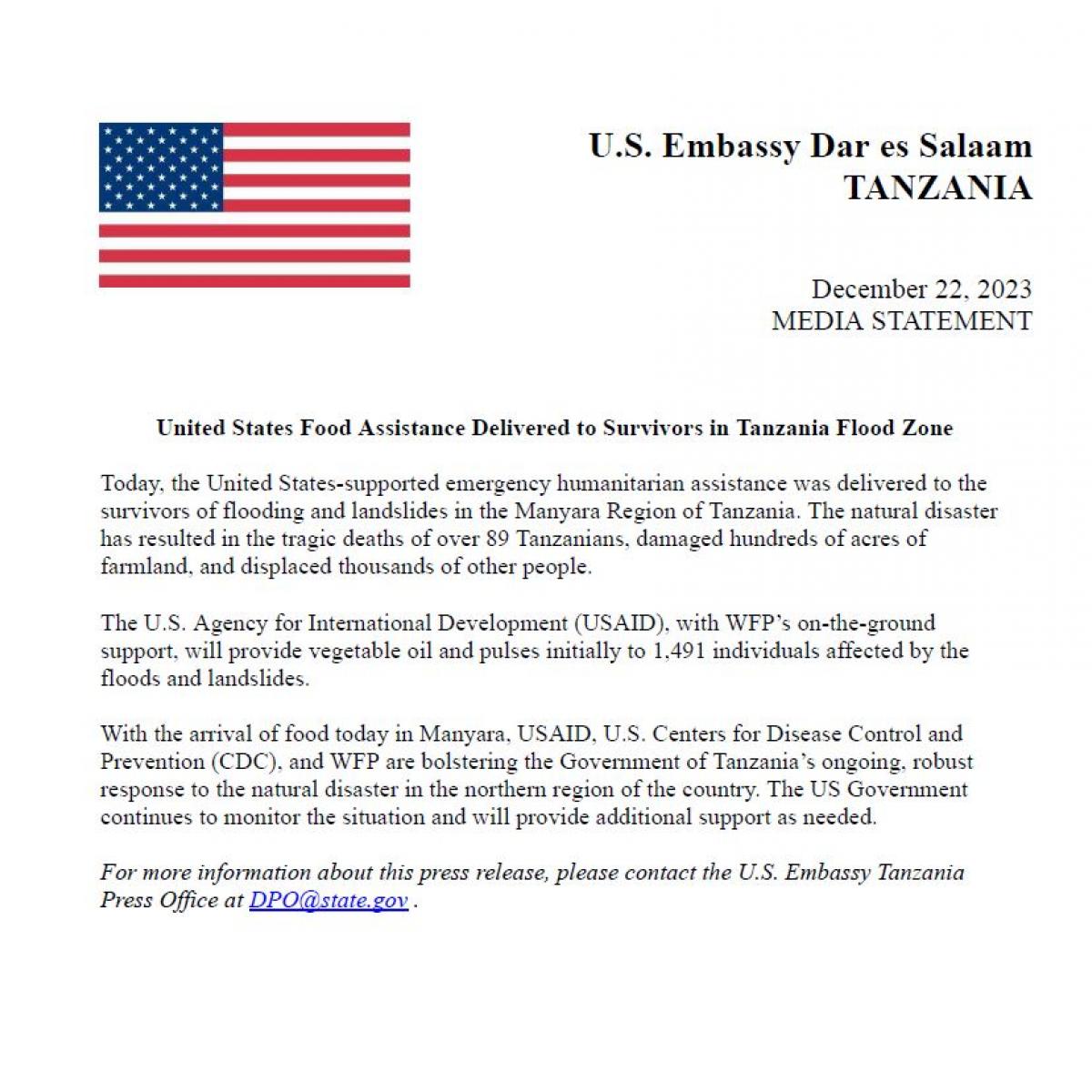 United States Food Assistance Delivered to Survivors in Tanzania Flood Zone