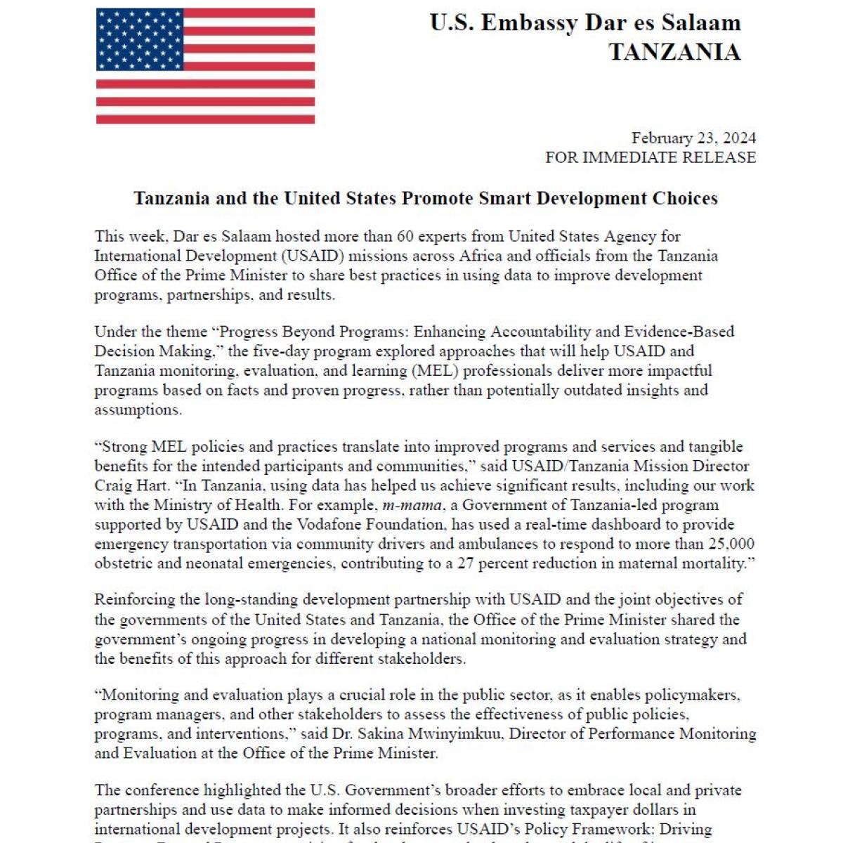 Tanzania and the United States Promote Smart Development Choices