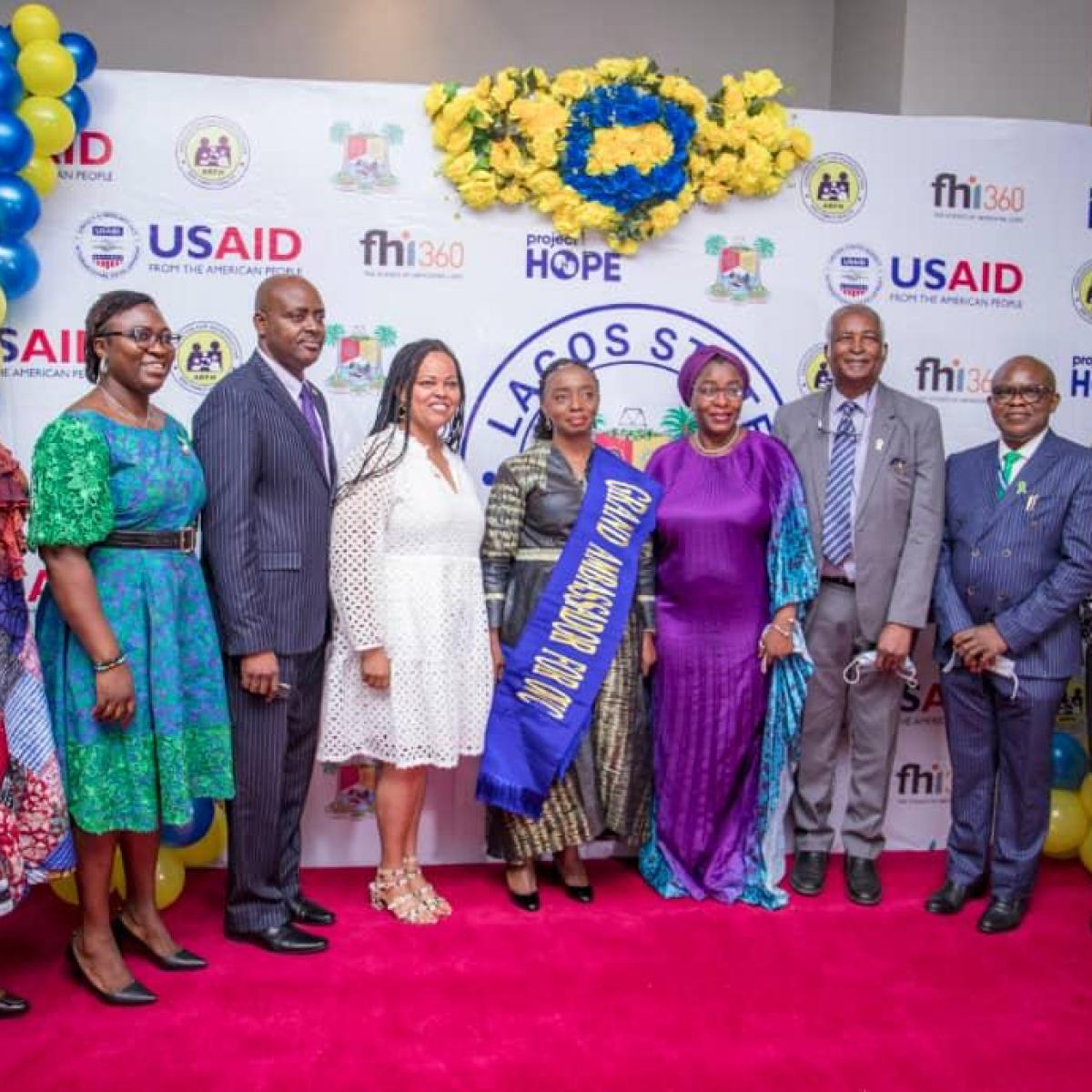 In the middle, the Lagos State First Lady Dr. Ibijoke Sanwo-Olu, to her left is the USAID Nigeria Deputy Office Director for HIV/AIDS and Tuberculosis, Helina Meri and other guests at the launch of the new ICHSSA 2 activity designed to protect children and their households made vulnerable or orphaned by HIV and AIDS in Nigeria