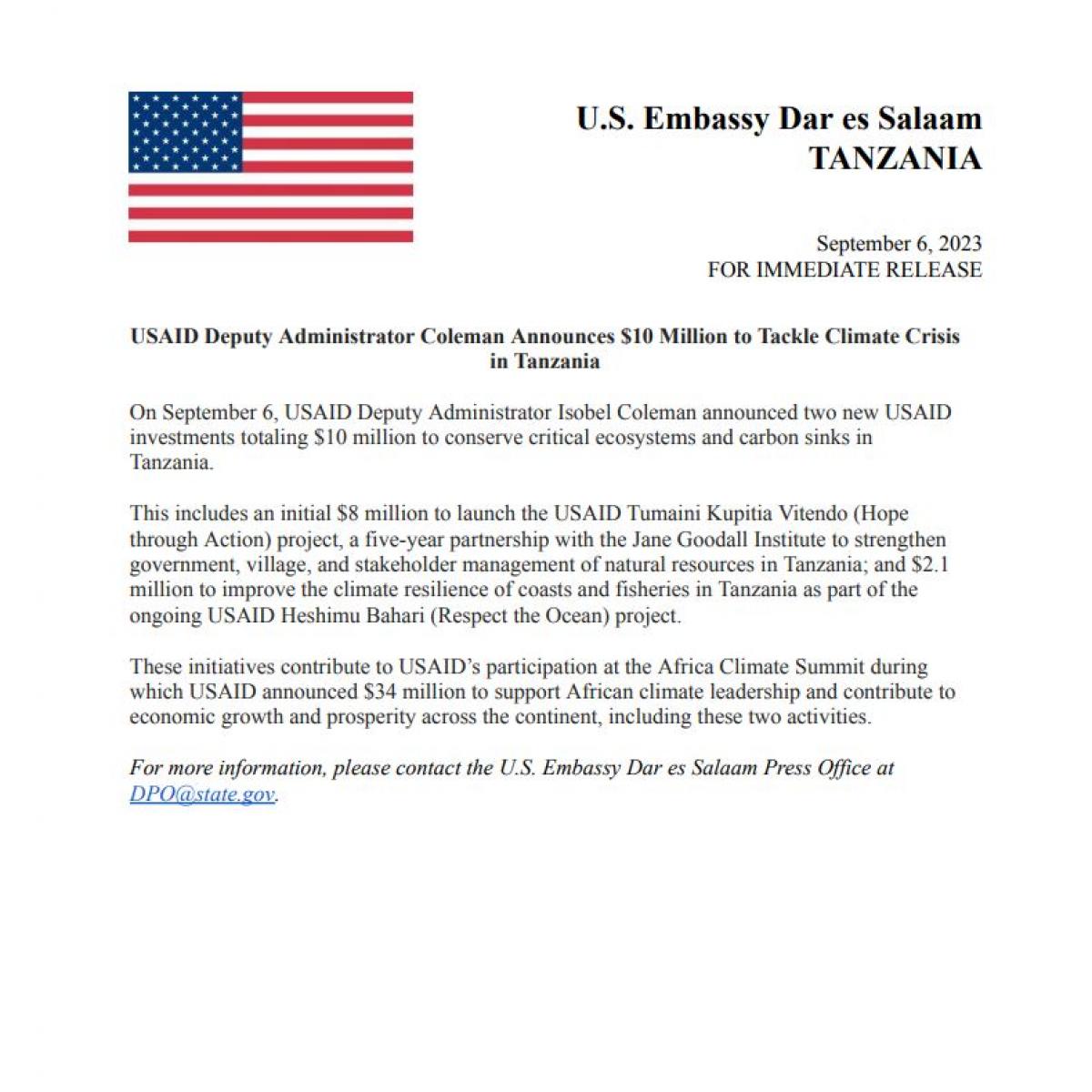 USAID Deputy Administrator Coleman Announces $10 Million to Tackle Climate Crisis in Tanzania