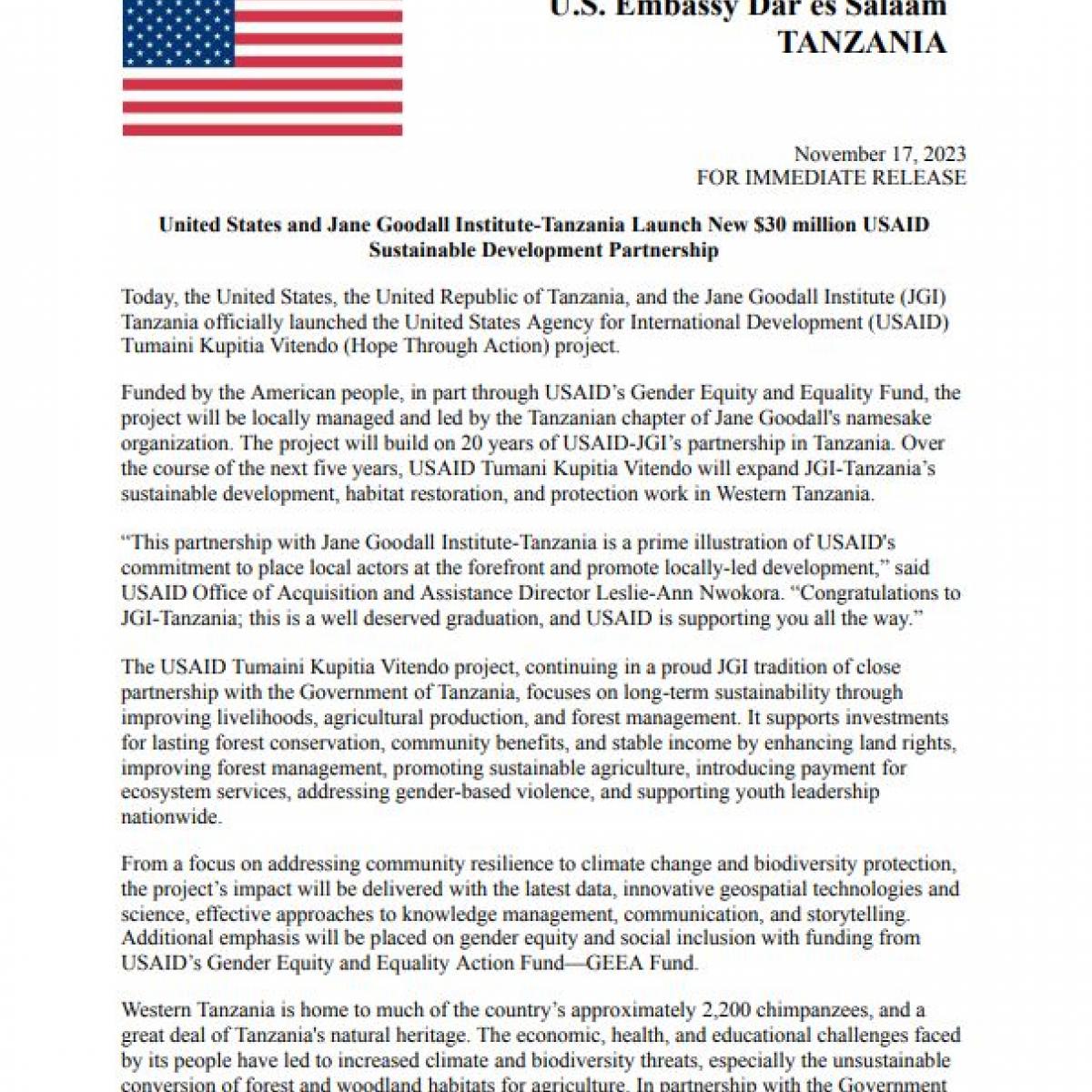 United States and Jane Goodall Institute-Tanzania Launch New $30 million USAID Sustainable Development Partnership
