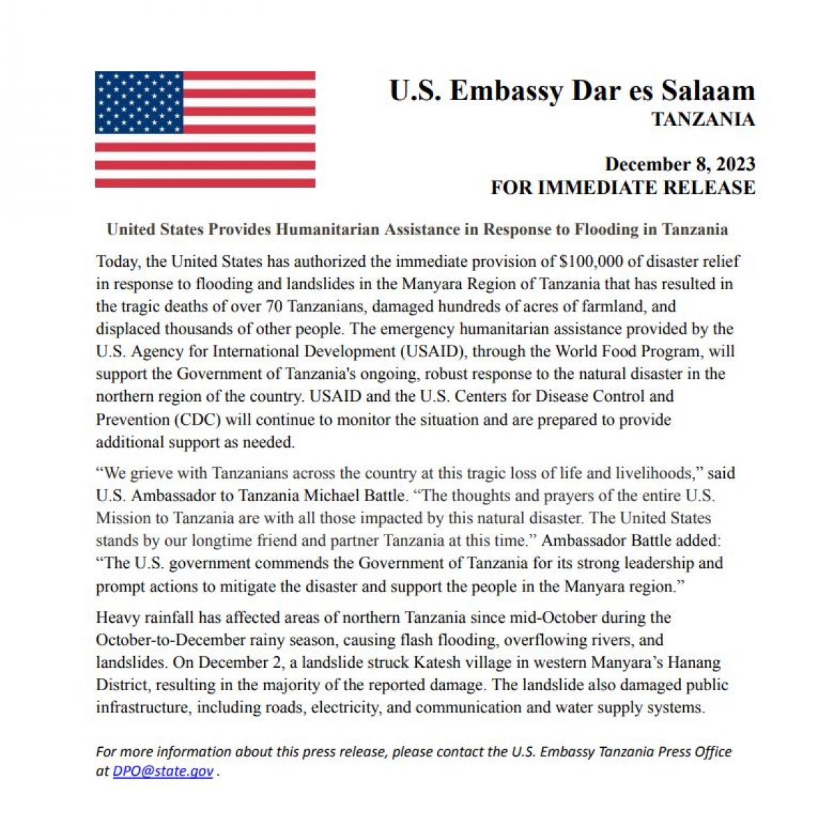 United States Provides Humanitarian Assistance in Response to Flooding in Tanzania