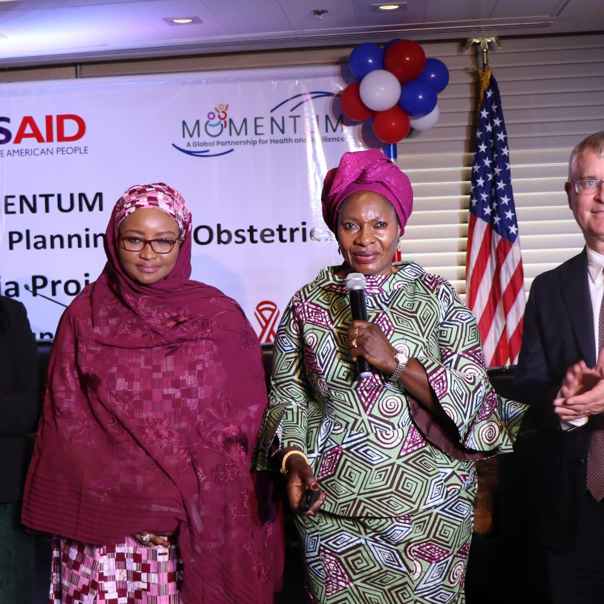Nigerian Minister of Women and Social Affairs Dame Pauline Tallen (third right) announces the launch of the USAID Safe Surgery in Family Planning and Obstetrics activity to help more women in Nigeria overcome the burden of obstetric fistula.  Joining Minister Tallen were Dr. Zainab Shinkafi Bagudu, First Lady of Kebbi State (second left), USAID Health Office Director Paul McDermott (right) and EngenderHealth Regional Representative Nene Cisse (left). 