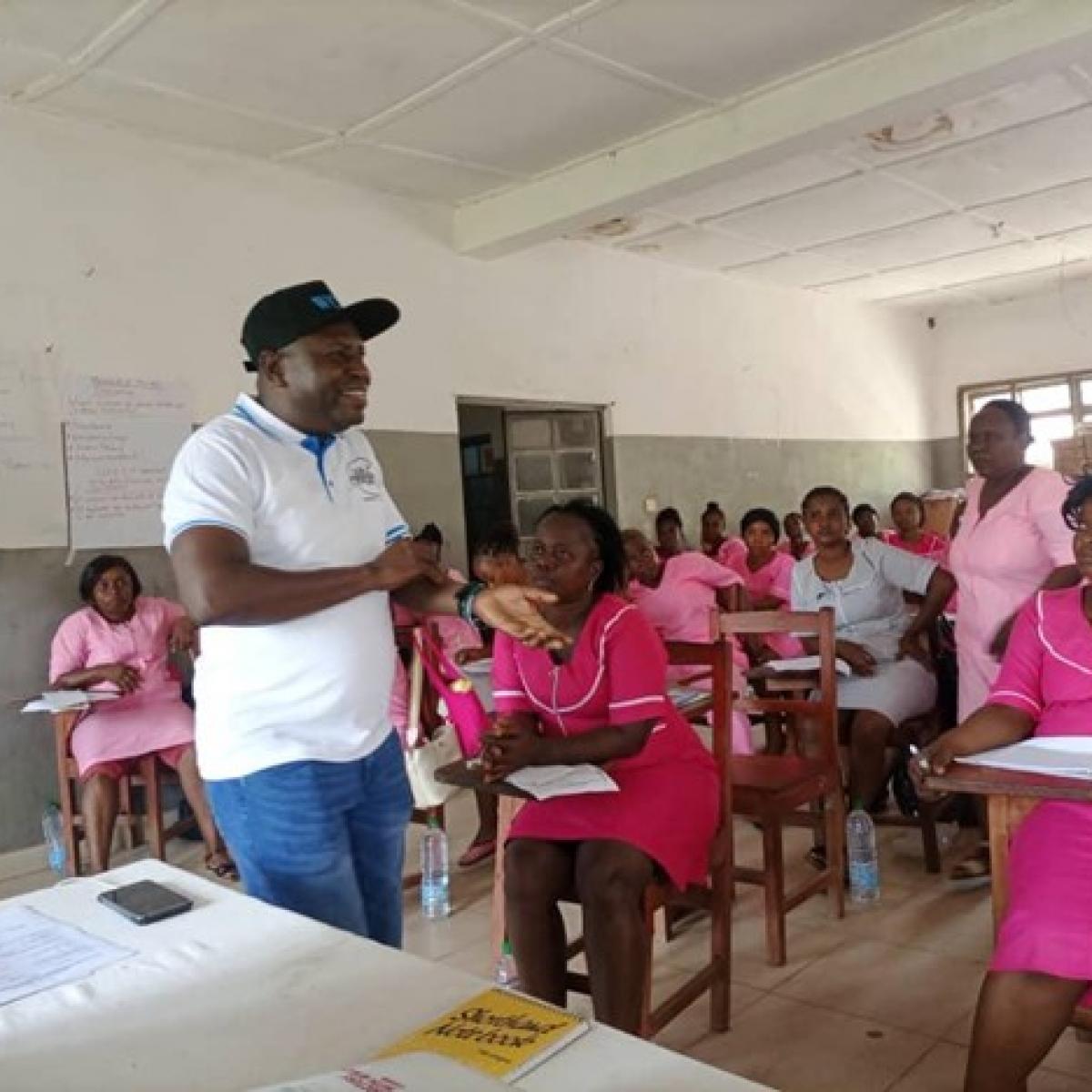 Mr. Micheal A N’dolie from District Health Management Team facilitating the PMI supported capacity building session for Primary Health Unit staff in Pujehun District, Southern Sierra Leone. 