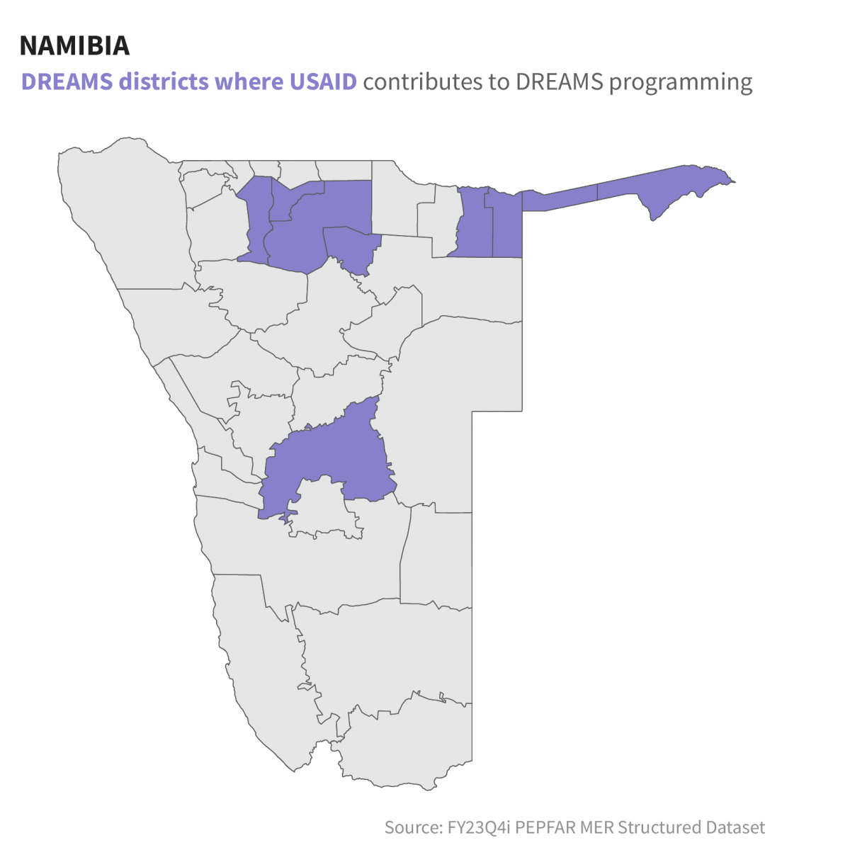Namibia: DREAMS districts where USAID contributes to DREAMS programming