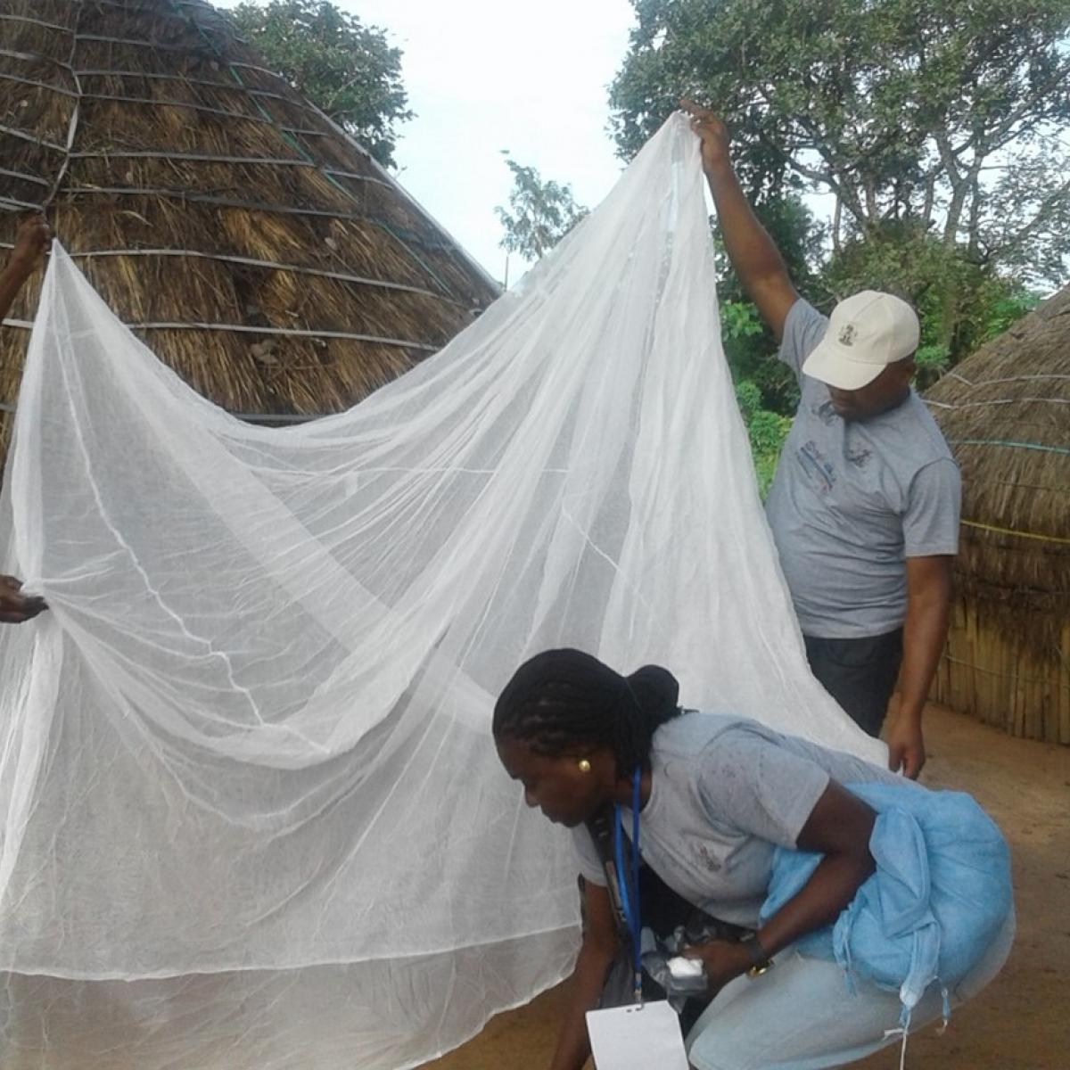 Villagers in Ebonyi State inspect an ITN for holes. In 2020, USAID distributed 7.1 million of the nets in all 36 Nigerian states and the Federal Capital Territory
