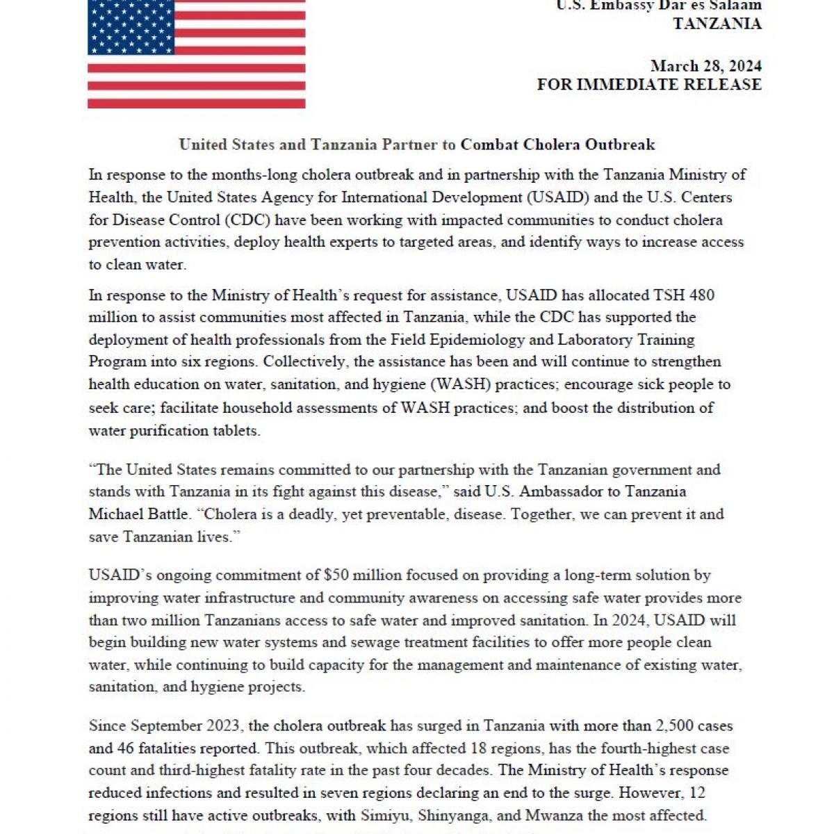 United States and Tanzania Partner to Combat Cholera Outbreak