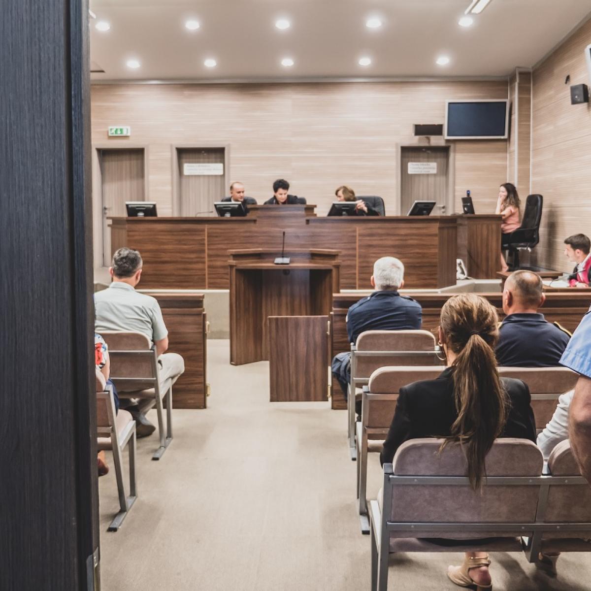 View of a courtroom from the entry doors