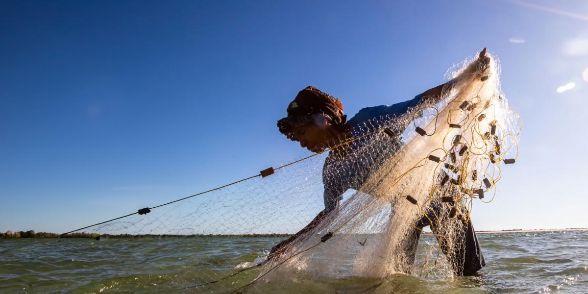 A Malagasy fisherwoman draws in her nets in shallow waters.