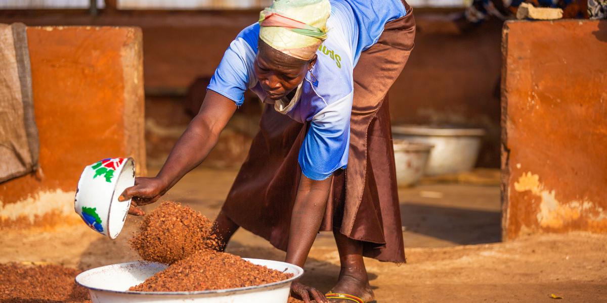 A woman bends over as she works with a bowl full of shea nuts.