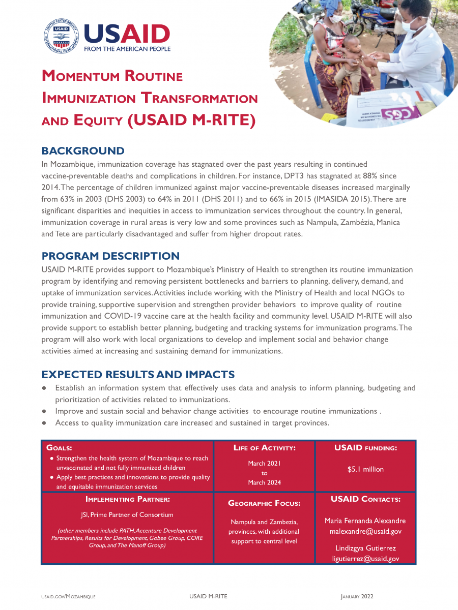 Momentum Routine Immunization Transformation and Equity (USAID M-RITE) - Fact Sheet