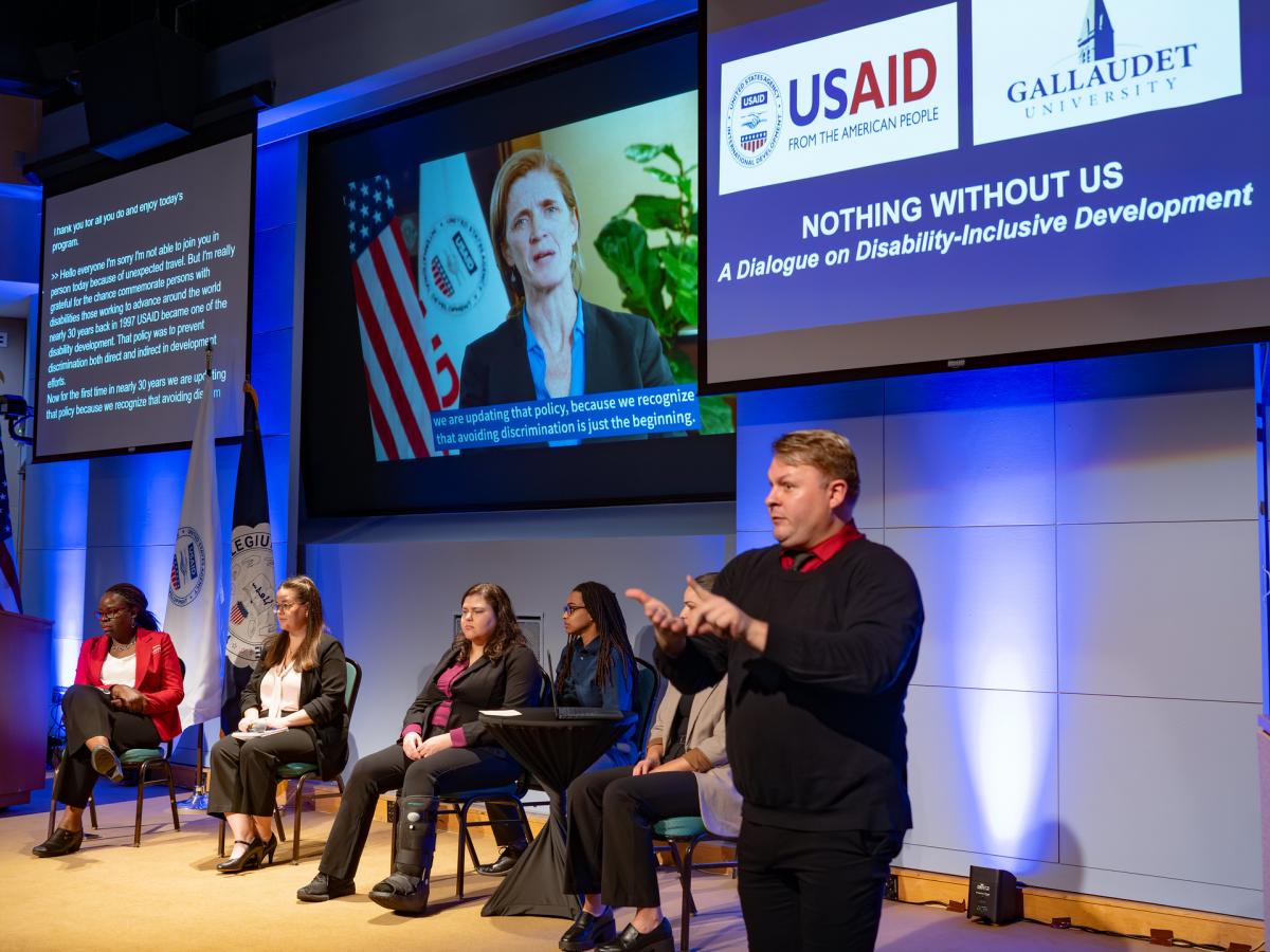 Gallaudet University, Washington D.C. USAID Administrator Samantha Power’s recorded opening remarks play during the USAID/Gallaudet University event “Nothing Without Us: “A Dialogue on Disability-Inclusive Development.”