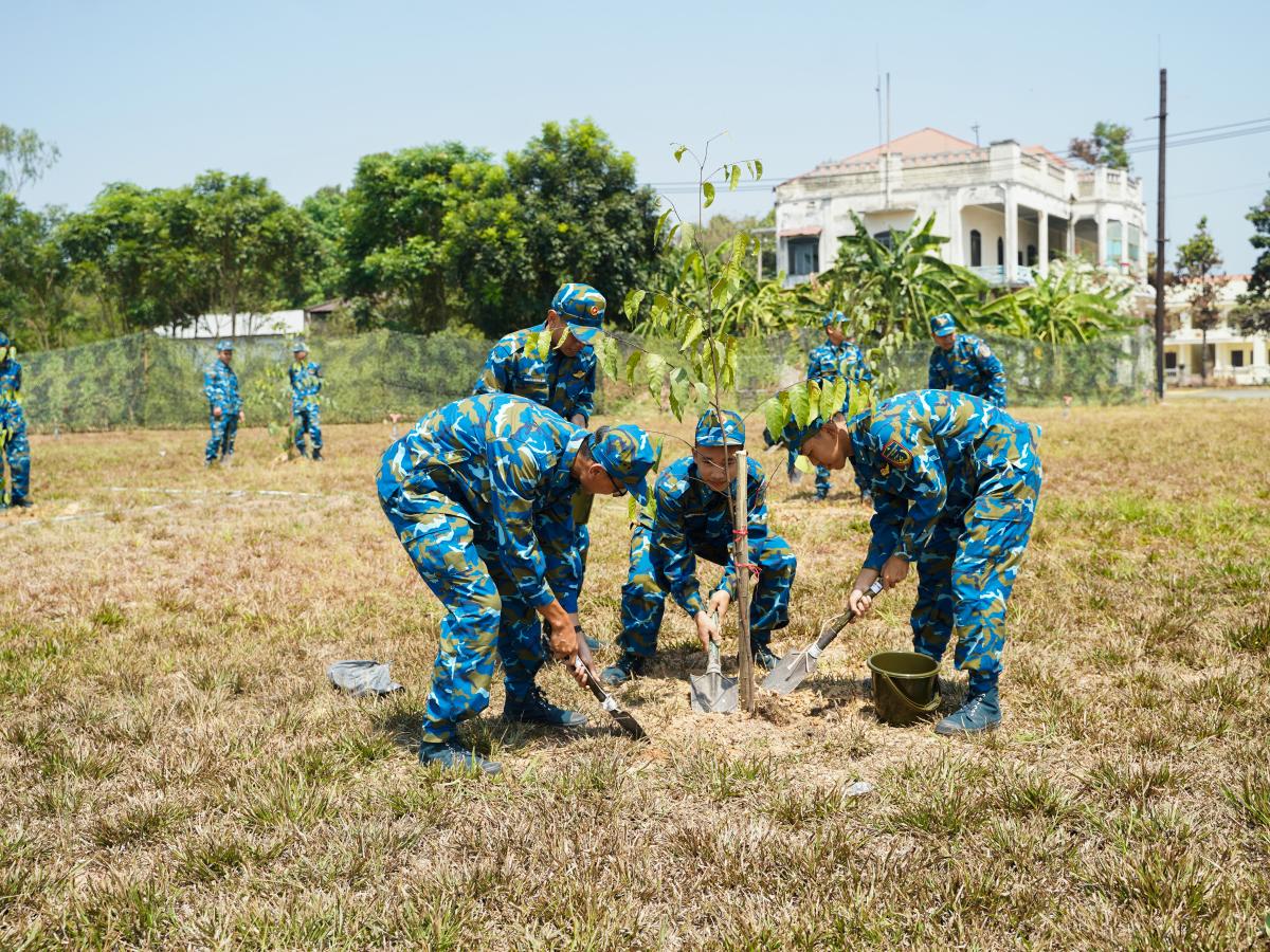 Vietnamese soldiers plant trees on a remediated parcel of land at Bien Hoa Air Base.