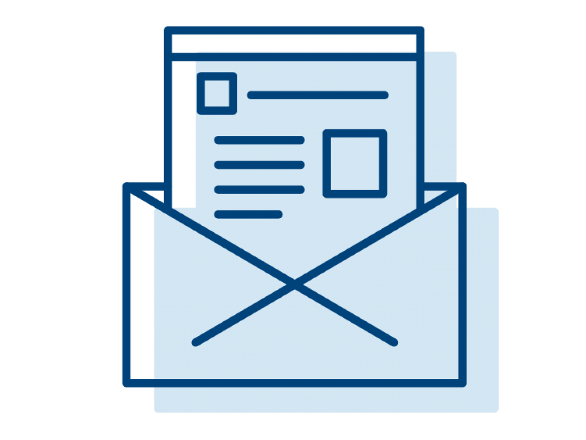 Illustrated icon of a envelope and letter, representing a newsletter.