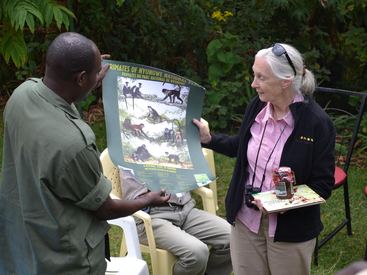 Jane Goodall reviewing plans for Nyungwe Park with a ranger