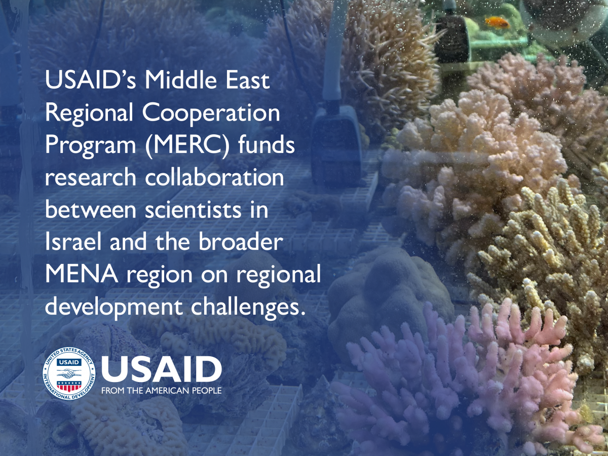 USAID's Middle East Regional Cooperation Program (MERC) funds research collaboration between scientists in Israel and the broader MENA region on regional developmental challenges. Image background is a photograph of a coral monitoring station.