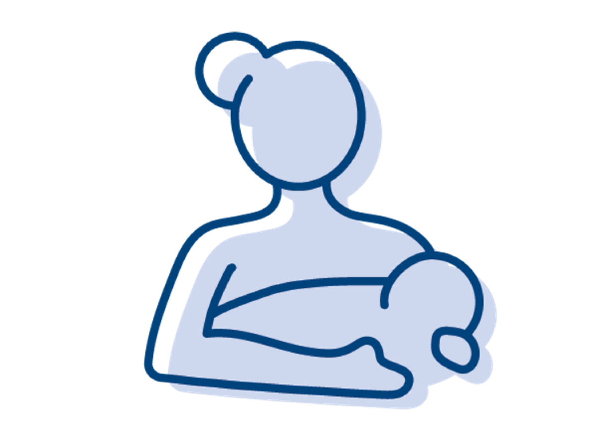 Illustrated icon of a mother with a newborn. 