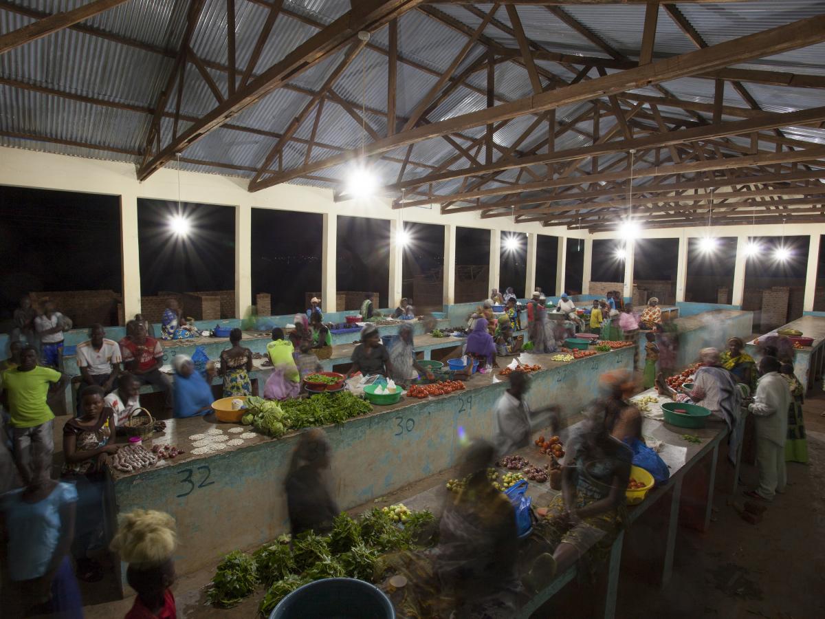 A nighttime market is lit by solar power in Msimba village, Kigoma Region, Western Tanzania.