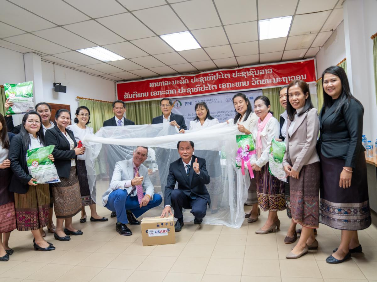 USAID Acting Country Representative to Laos Dr. Kevin Smith presented 70,000 long-lasting insecticide treated nets, and entomological laboratory equipment valued at 160,486 USD, to Vice Minister of Health Dr. Snong Thongsna.