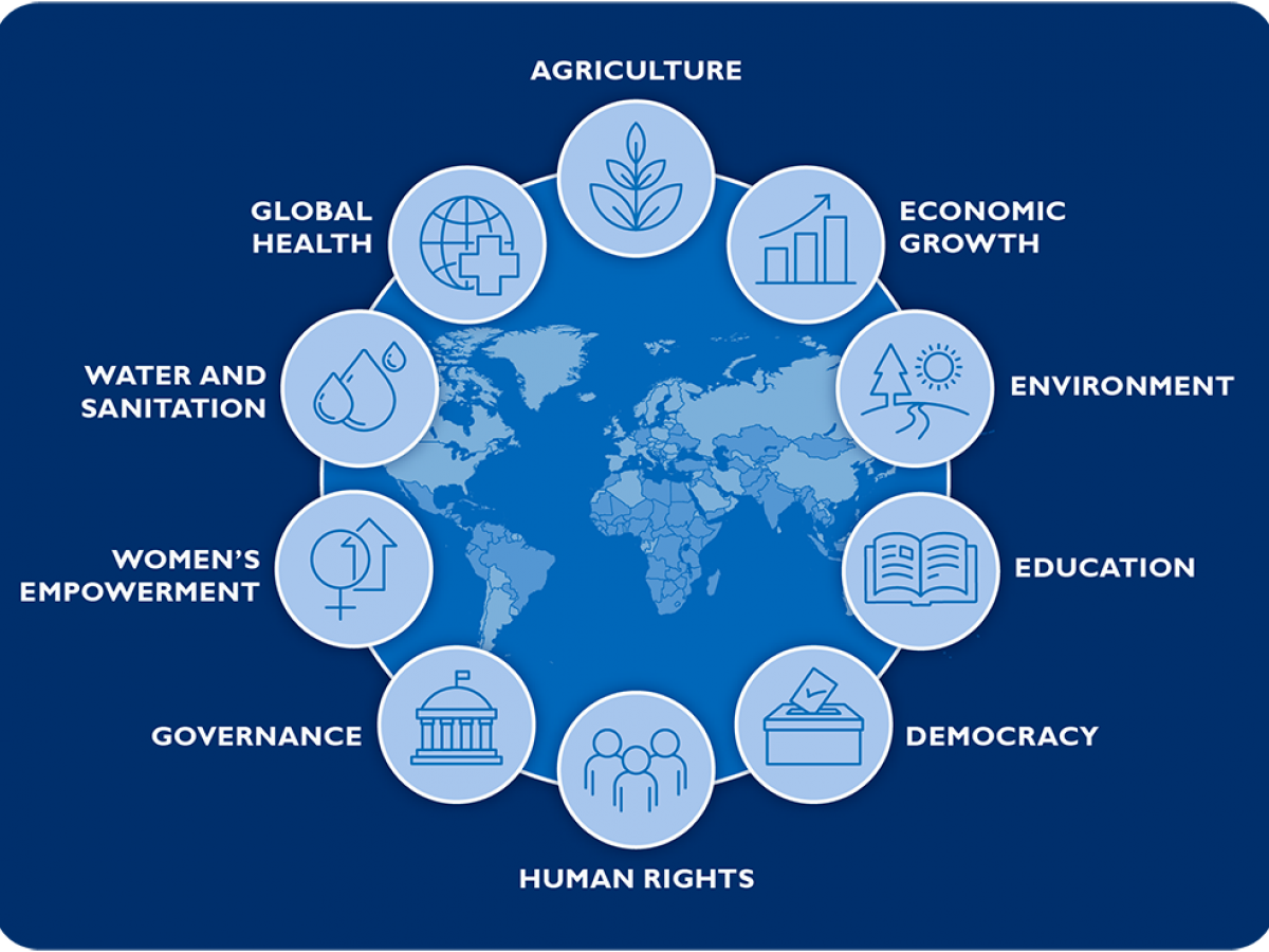 Agriculture, Economic Growth, Environment, Education, Democracy, Human Rights, Governance, Women's Empowerment, Water and Sanitation, Global Health