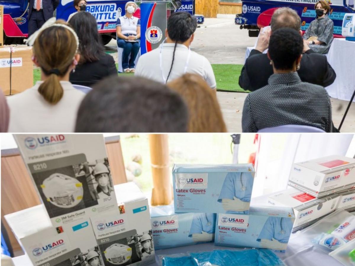 (Top) Secretary Blinken speaking to an audience in the Philippines. (Bottom) USAID branded masks, gloves, and protective clothing that were donated to Philippine medical practices. 