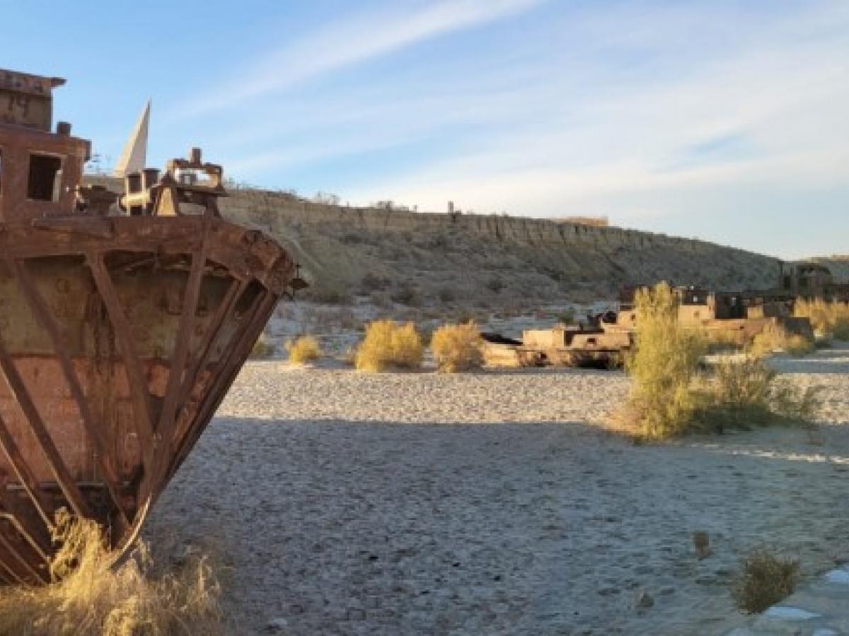 Abandoned ship on desertified Aral Sea