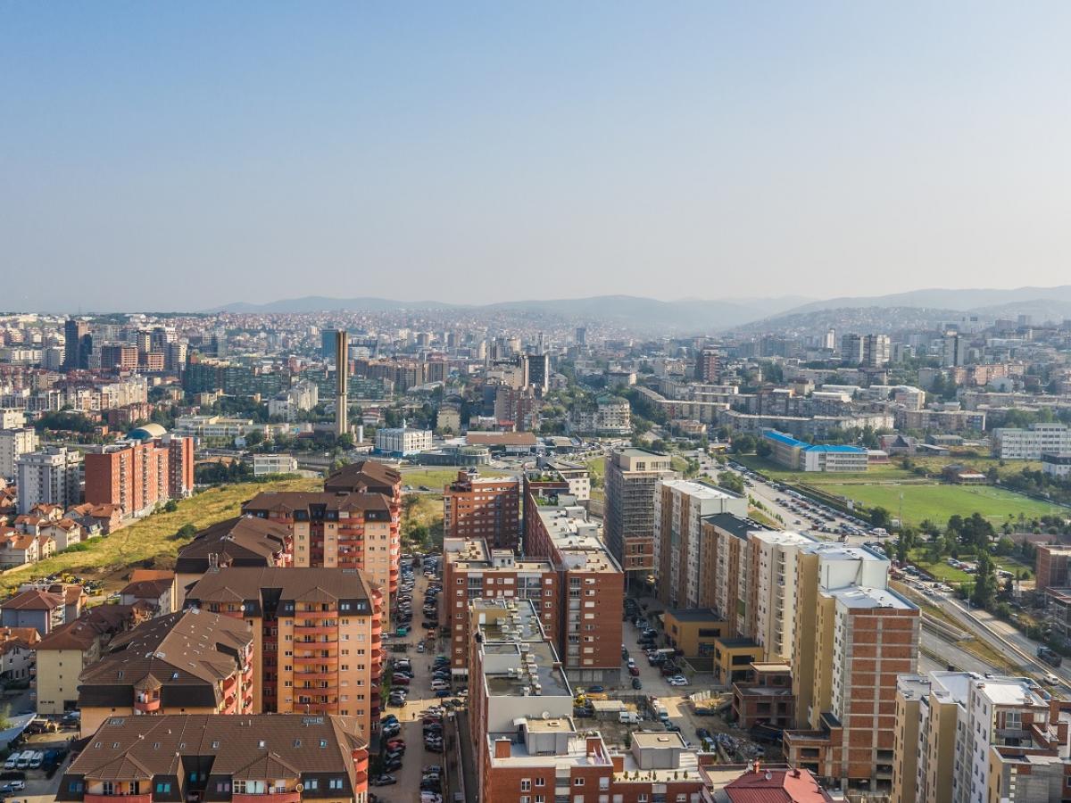 Overhead view of downtown Pristina, Kosovo