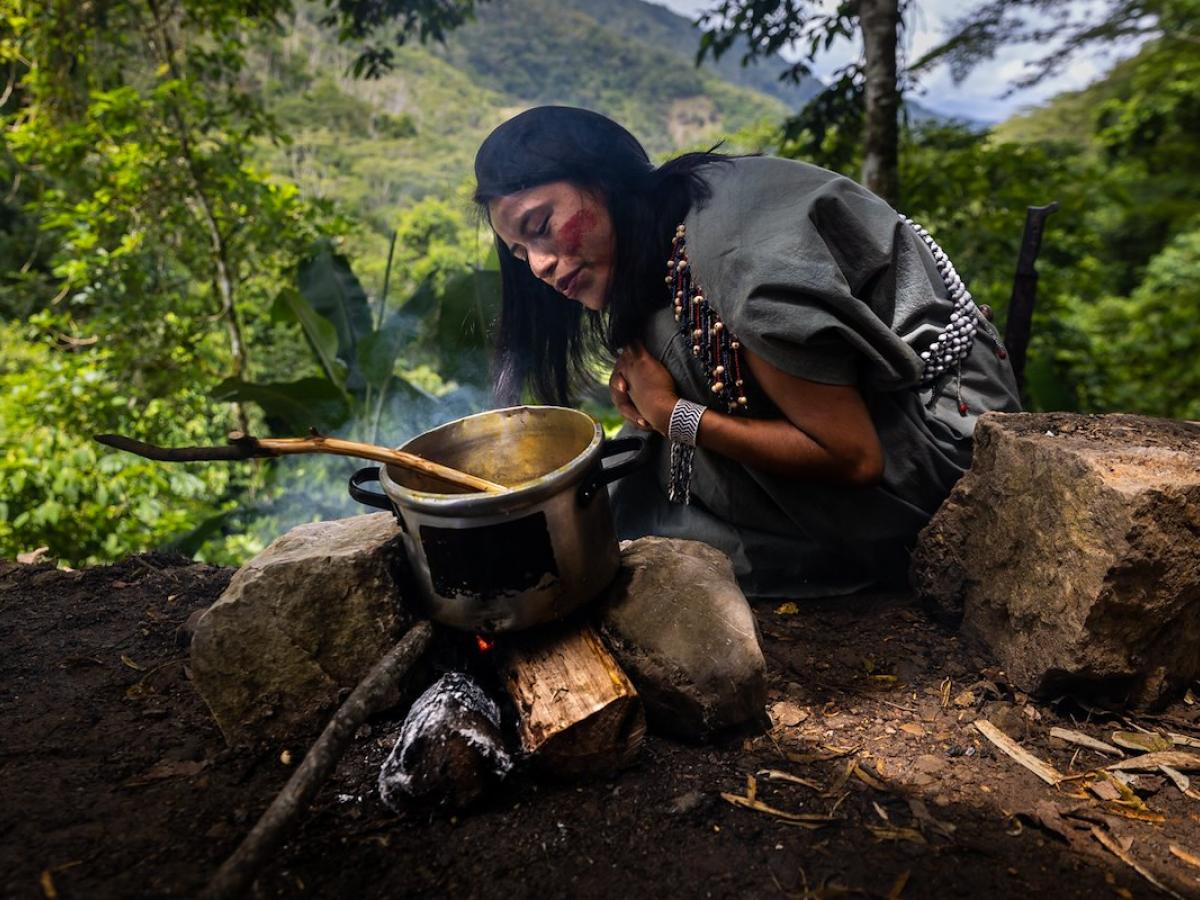 A Yanesha female artisan attends to plants cooking over a fire outdoors. The plants are used to naturally dye fabrics.