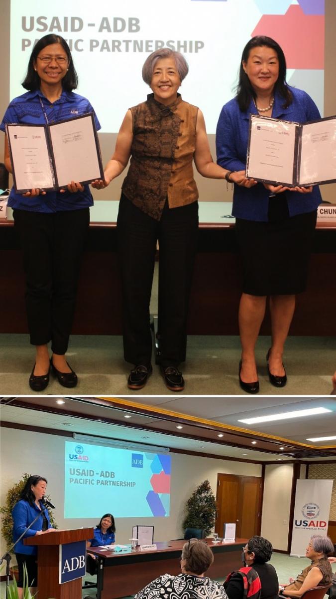 (Top) USAID Acting Mission Director Betty Chung (right) with ADB U.S. Executive Director Ambassador Chantale Y. Wong (center) and Director General Leah Gutierrez during the formal launch of the USAID-ADB Pacific Partnership. (Bottom) USAID and ADB sign a nearly $6.2 million Pacific Partnership to address development challenges across the Pacific Island countries.