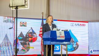 US Ambassador to Kenya, Margaret Whitman, announces the joint Kenya WASH Country Plan with more than $100 Million in US Government investment over 5 years. These investments will increase access to basic or improved water services for 1.6 million people, which represents 7.5% of the current need. Andrew Onyango/USAID