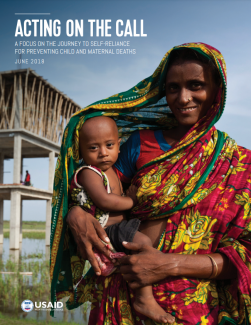 Cover for Acting on the Call Report 2018 with a woman in a red dress holding her child. 