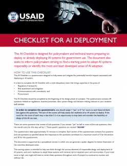 Page 1 of USAID AI Deployment Checklist featuring an image of a robotic finger touching a human finger against a black background