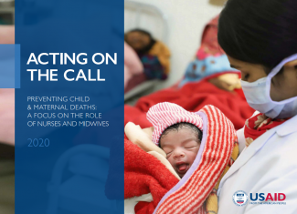Cover for Acting on the Call Report 2020 with a health worker holding a newborn baby. 