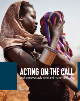Report cover for Acting on the Call 2014 with a woman in a pink headscarf holding a child. 