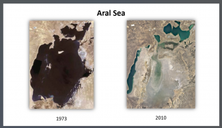 On the left is a picture of the Aral sea in 1973 which shows a large of body water. On the left is the Aral Sea in 2010 where there is less water.