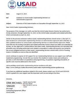 Extension of Mission Director Determination on Evacuation through August 14, 2023