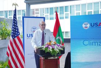 USAID Mission Director Reed Aeschliman speaks at the launch ceremony for the $10.5m, 5-year Climate Change Adaptation project launch in Maldives.