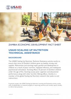 Thumbnail of first page of USAID Scaling Up Nutrition Technical Assistance Fact Sheets shows a Zambian woman feeding her chickens