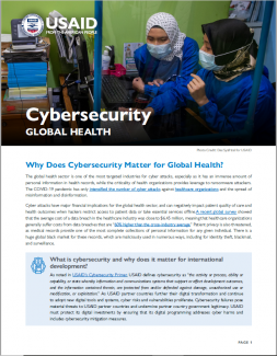 Cover of Cybersecurity for Global Health briefer featuring two women looking at a computer