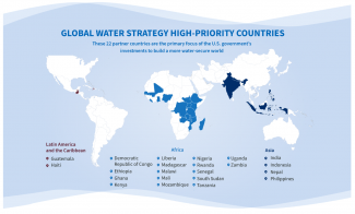 Global Water Strategy high-priority countries. These 22 partner Countries are the primary focus of the U.S. governemtn's investments to build a more water-secure world Guatemala, Haiti, DRC, Ethiopia, Ghana, Kenya. Liberia, Madagascar, Malawi, Mali, Mozambique, Nigeria, Rwanda, Senegal, South Sudan, Tanzania, Uganda, Zambia, India, Indonesia, Nepal, Philippines 