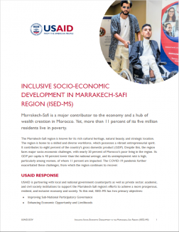This is a screenshot of the first page of the Inclusive Socio-Eeconomic Development in Marrakech-Safi Region (ISED-MS) Fact Sheet.
