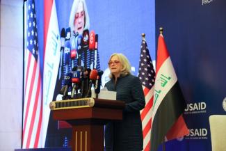 U.S. Ambassador to Iraq Alina L. Romanowski delivers remarks at the USAID Access to Finance Conference on June 29 in Baghdad