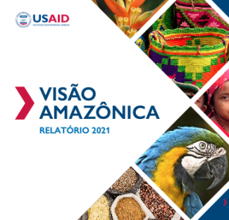 Capa do relatório Visão Amazônica 2021. Mostra um papagaio e produtos amazonicos