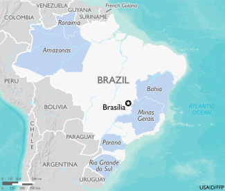 Map of Brazil showing regions where FFP funds humanitarian assistance projects in blue 