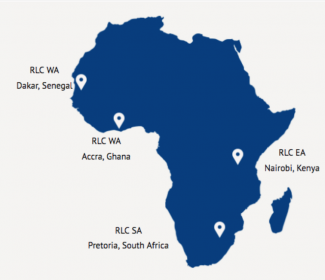 Map of Africa showing the four Regional Centers for YALI