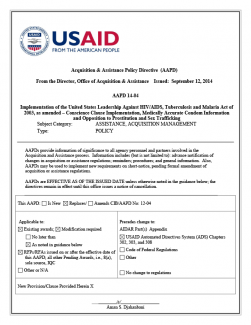 AAPD 14-04 mplementation of the United States Leadership Against HIV/AIDS, Tuberculosis and Malaria Act of 2003, as amended