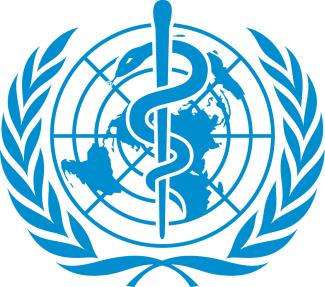 World Health Organization logo - graphic of world map with caduceus symbol and two laurel branches on both sides