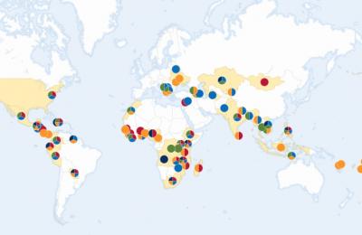 A world map with dots representing the global programming supported by the Locally Led Development Initiatives.